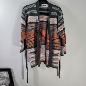 Via LA Belted Striped Colorblock Cardigan Sweater Size Large